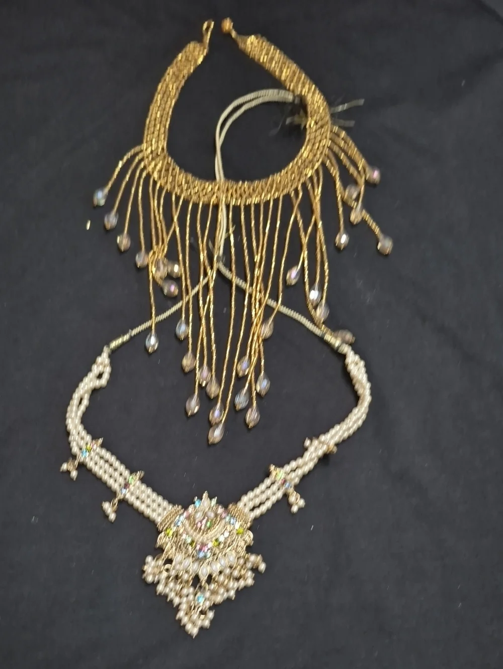 Gold-Tone Fringe Necklace with Pearl-Style Pendant Set